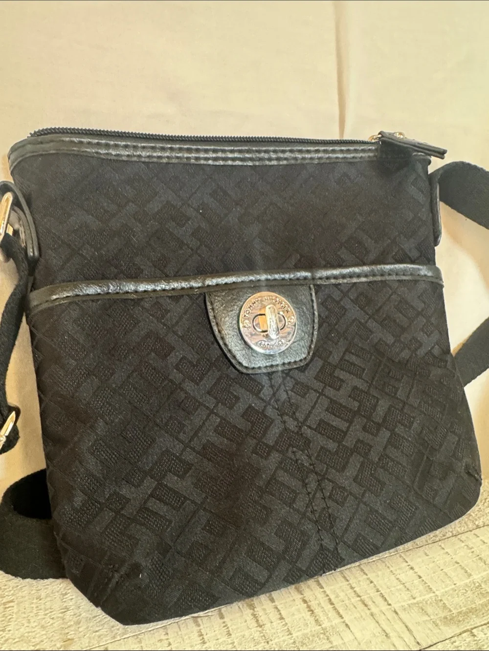 Tommy Hilfiger Black Logo Jacquard Crossbody Bag Turn Lock Adjustable Strap